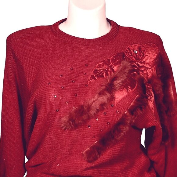 Night Fashion Sweaters - Night Fashion Vintage Red 80s Cocktail Sweater, Women's Large